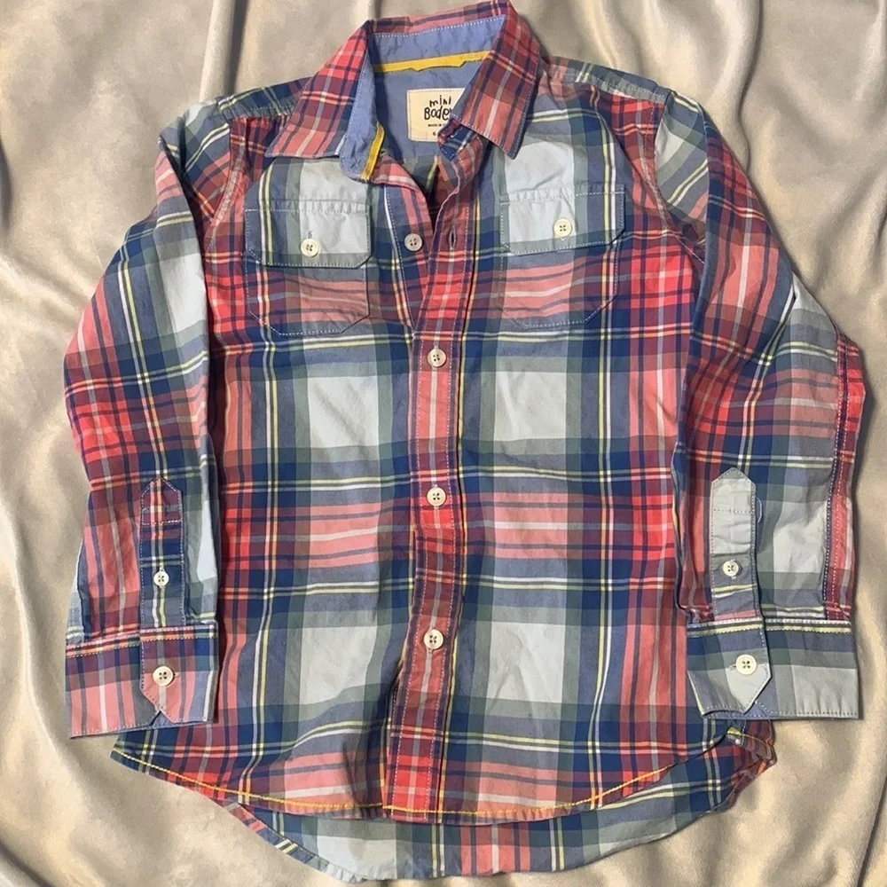 Mini Boden size 6-7 boys double breasted button down plaid cotton shirt red blue